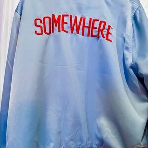 ban.do Light Blue Bomber Jacket with Red Lettering SOMEWHERE
